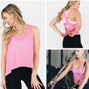 Zyia Active Pink Nimbus Split Back Tank Mesh Striped Racerback Tie Top - Small